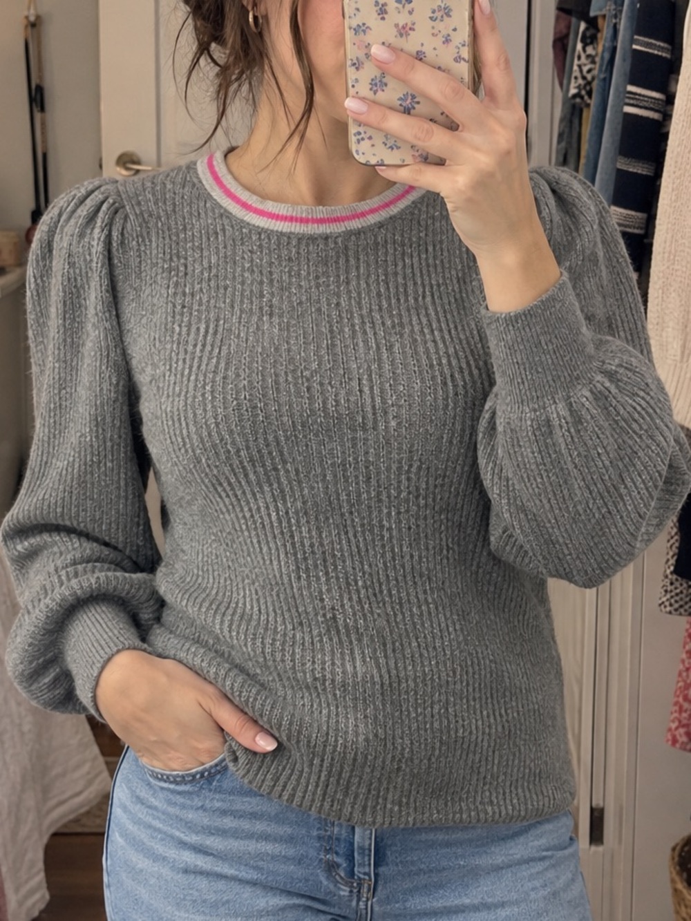 Halogen Puff Sleeve Sweater XS Gray Pink Trim Ribbed Crew Neck NWT